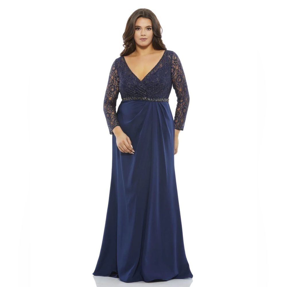 Mac Duggal 67898 NWT LACE ILLUSION LONG SLEEVE V-NECK DRAPED GOWN (PLUS)